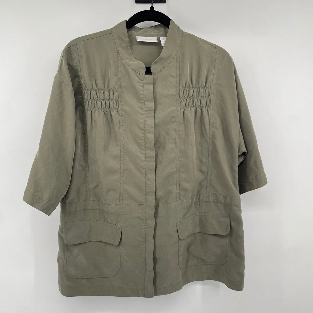 Chico's Utility Jacket Womens 2 Olive Green Smocked‎ Drawstring Safari